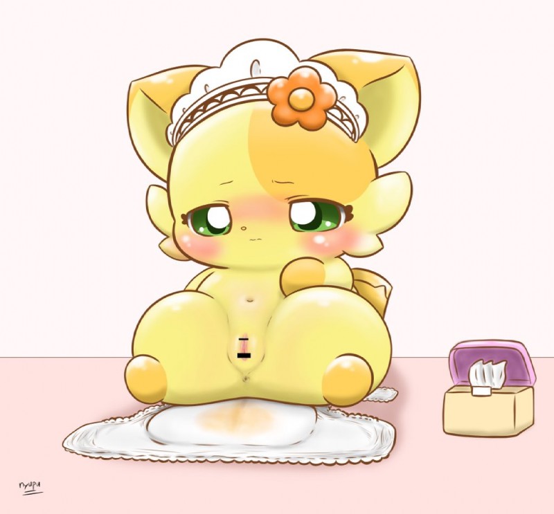 anthro blush bodily_fluids clothing diaper female genital_fluids genitals open_diaper pussy semi-anthro simple_background solo unclean_diaper urine used_diaper wet_diaper wetting young young_anthro nyupu himitsu_no_cocotama hirake!_cocotama chaco_(cocotama) cocotama felid feline mammal censored