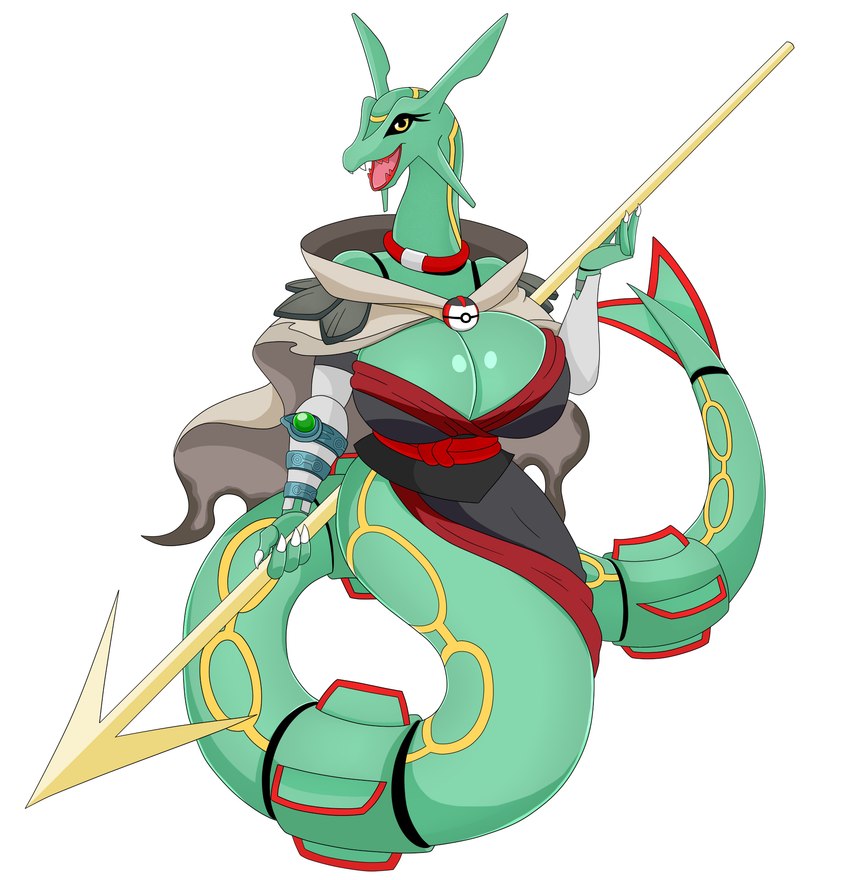 anthro apode armwear big_breasts breasts cape clothing collar dress female green_body huge_breasts legless melee_weapon pokeball polearm pupils serpentine simple_background solo spear tail timer_ball weapon white_background yellow_eyes urusee584 nintendo pokemon lorekeeper_zinnia draconcopode generation_3_pokemon legendary_pokemon pokemon_(species) rayquaza absurd_res hi_res