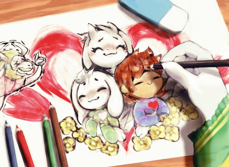 anthro beard blonde_hair blush drawing eraser facial_hair female flower fur group hair heart_symbol horn hug long_ears male pen plant smile white_body white_fur cupckpo undertale undertale_(series) asgore_dreemurr asriel_dreemurr frisk_(undertale) toriel boss_monster_(undertale) bovid caprine human mammal