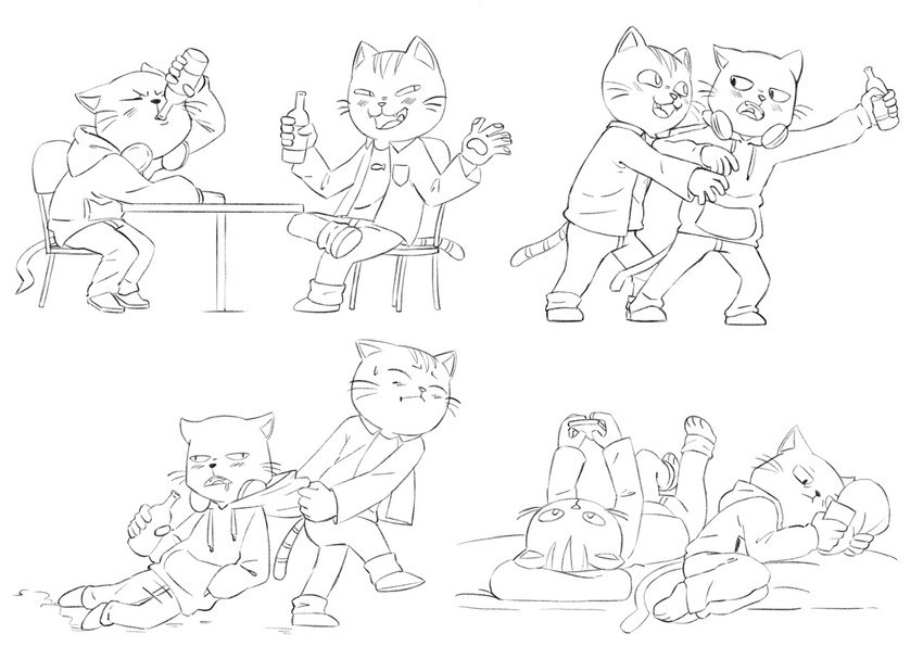 anthro drunk duo male male/male malvacross substance_intoxication working_buddies! kuehiko_roshihara tapio_chatarozawa domestic_cat felid feline felis mammal monochrome