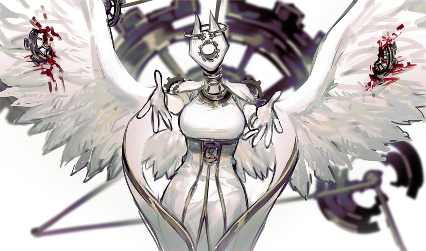 5_fingers black_outline blood blurred_background bodily_fluids breasts clothed clothing curvy_figure dress faceless feathered_wings feathers female fingers front_view fully_clothed gear hourglass_figure machine medium_breasts not_furry outline reaching_towards_viewer small_waist solo standing white_body white_clothing white_dress white_feathers wide_hips wings remsrar library_of_ruina project_moon eileen_(library_of_ruina) angel angel_humanoid distortion_(project_moon) humanoid robot robot_humanoid winged_humanoid 2022 absurd_res digital_media_(artwork) half-length_portrait hi_res portrait shaded soft_shading