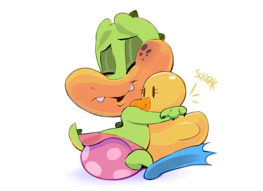 anthro chibi eyes_closed female freckles hug rubber_duck simple_background solo squeaking white_background young young_anthro vimhomeless sydney_swamp_(vimhomeless) crocodile crocodilian reptile scalie hi_res