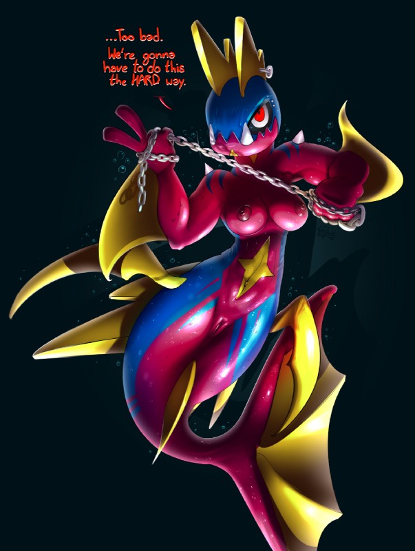 anthro anthrofied breasts bubble butt chain clitoris dialogue exposure_variation female furgonomics furry-specific_piercing genitals looking_at_viewer mermaidification navel nipples non-mammal_breasts nude piercing pokemorph pussy red_eyes shadow sharp_teeth simple_background solo spikes split_form teeth text underwater water wide_hips elpatrixf nintendo pokemon carvanha fish generation_3_pokemon marine merfolk pokemon_(species) 2015 digital_media_(artwork) english_text hi_res