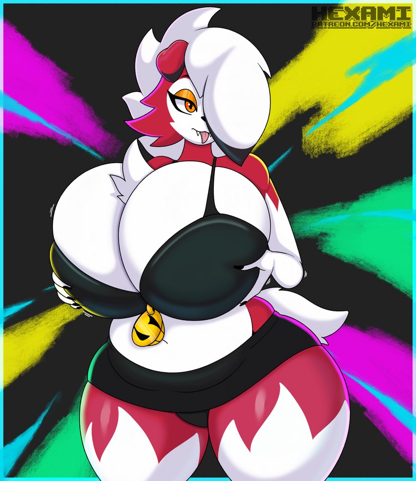 anthro big_breasts bottomwear bra breasts butt clothing female female_anthro hand_on_breast huge_breasts hyper hyper_breasts skirt solo thick_thighs tight_bra tight_clothing underwear hexami nintendo pokemon generation_7_pokemon lycanroc midnight_lycanroc pokemon_(species) hi_res