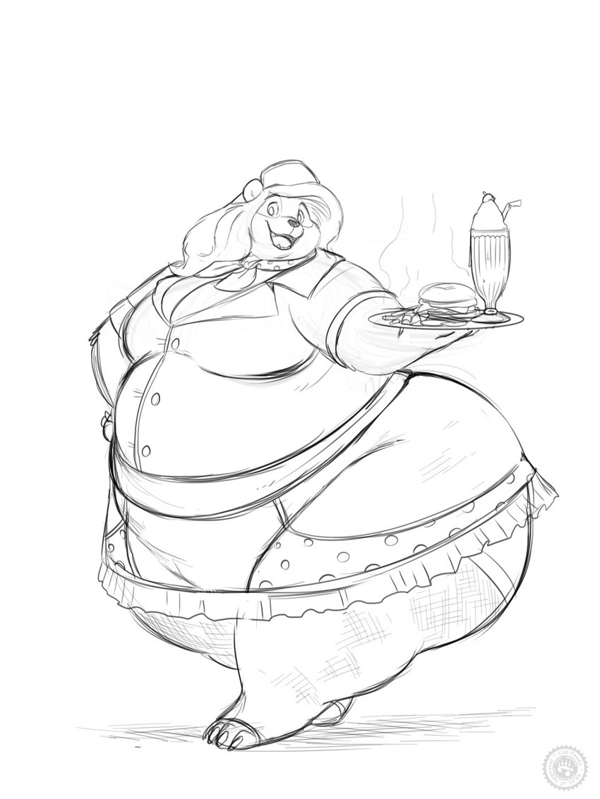 1950s_theme anthro beverage big_butt big_moobs burger butt clothed clothing costume diner femboy food fries host huge_butt male milkshake moobs obese obese_anthro obese_male overweight overweight_anthro overweight_male restaurant shake smile solo tray uniform waiter gillpanda honey_b bear giant_panda mammal 3:4 hi_res monochrome