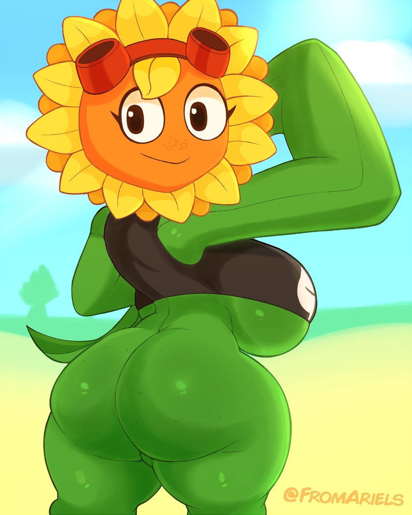 big_breasts big_butt black_clothing black_eyes black_topwear breasts butt clothed clothing cloud eyelashes eyewear eyewear_on_head female flower freckled_face freckles goggles goggles_on_head grass green_body hand_on_hip hand_on_own_hip leaf leaf_arms looking_back not_furry orange_face outside pantsless petals plant plant_hair pseudo_hair rear_view red_eyewear red_goggles sky smile solo thick_thighs topwear tree twitter_handle yellow_petals fromariels electronic_arts plants_vs._zombies plants_vs._zombies_heroes popcap_games solar_flare_(pvz) elemental_creature elemental_humanoid flora_fauna flower_creature humanoid plant_humanoid sunflower_(pvz) 2024 4:5 absurd_res artist_name colored digital_media_(artwork) hi_res shaded