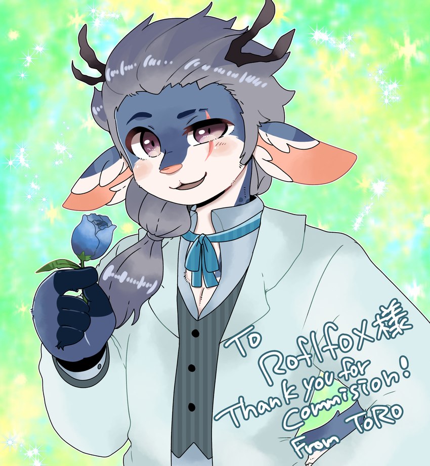 anthro antlers blue_body blue_fur blue_rose blush clothing eyebrows flower fur grey_hair hair holding_flower holding_object horn jacket looking_at_viewer male plant ponytail purple_eyes rose_(flower) scar shirt solo topwear white_body white_fur toro_(pixiv) azul_alexander deer mammal 2023 digital_media_(artwork) half-length_portrait hi_res portrait