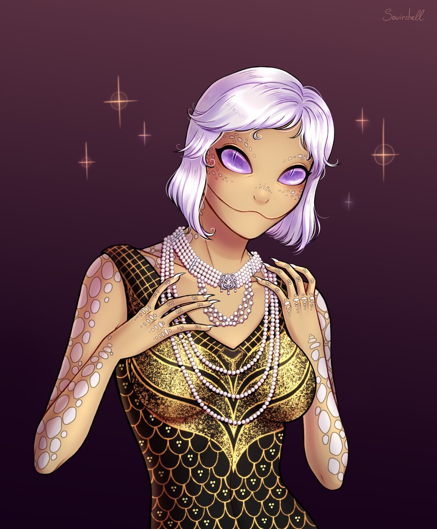 clothing dress female gem hair jewelry looking_at_viewer necklace olive_skin pearl_(gem) pearl_necklace pupils purple_eyes scales slit_pupils solo white_hair savirshell asclepia animal_humanoid humanoid reptile reptile_humanoid scalie scalie_humanoid snake_humanoid 2021 absurd_res hi_res