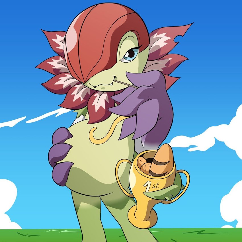 anthro armor award belly blue_eyes bread cute_fangs fangs food green_body headgear helmet overweight plant smile smug teeth trophy jonathanchimney bandai_namco digimon digimon_(species) elemental_creature flora_fauna floramon 1:1