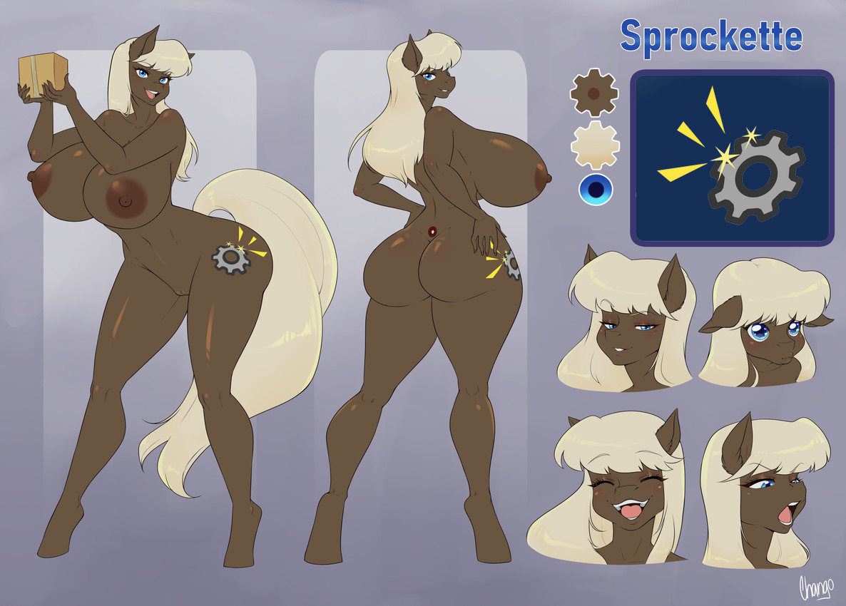 anthro areola bedroom_eyes big_breasts big_butt blonde_eyebrows blonde_hair blue_eyes box breasts brown_body butt container cutie_mark eyebrows female genitals hair holding_object narrowed_eyes nipples nude pleading_eyes seductive solo tail vulva yellow_tail chango-tan hasbro my_little_pony fan_character sprockette_(johnnynumber5) earth_pony equid equine horse mammal pony absurd_res hi_res model_sheet