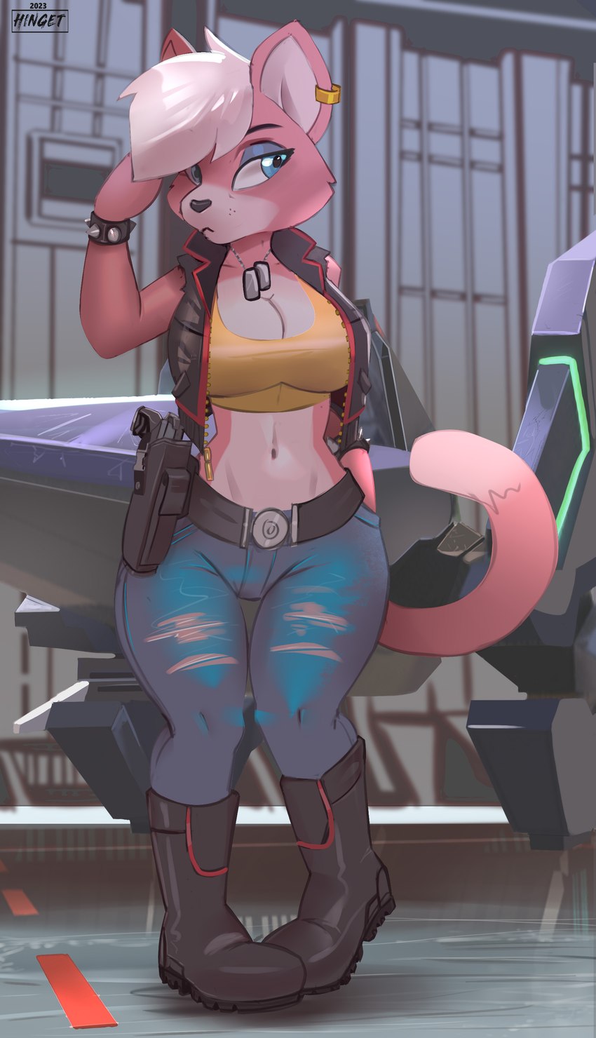 aircraft anthro arwing belt boots bottomwear bracelet breasts clothing ear_piercing female footwear future gun jacket jewelry keychain pants piercing pigeon_toed ranged_weapon shoes solo spiked_bracelet spikes topwear vehicle weapon hinget nintendo star_fox katt_monroe domestic_cat felid feline felis mammal 2023 absurd_res artist_name hi_res