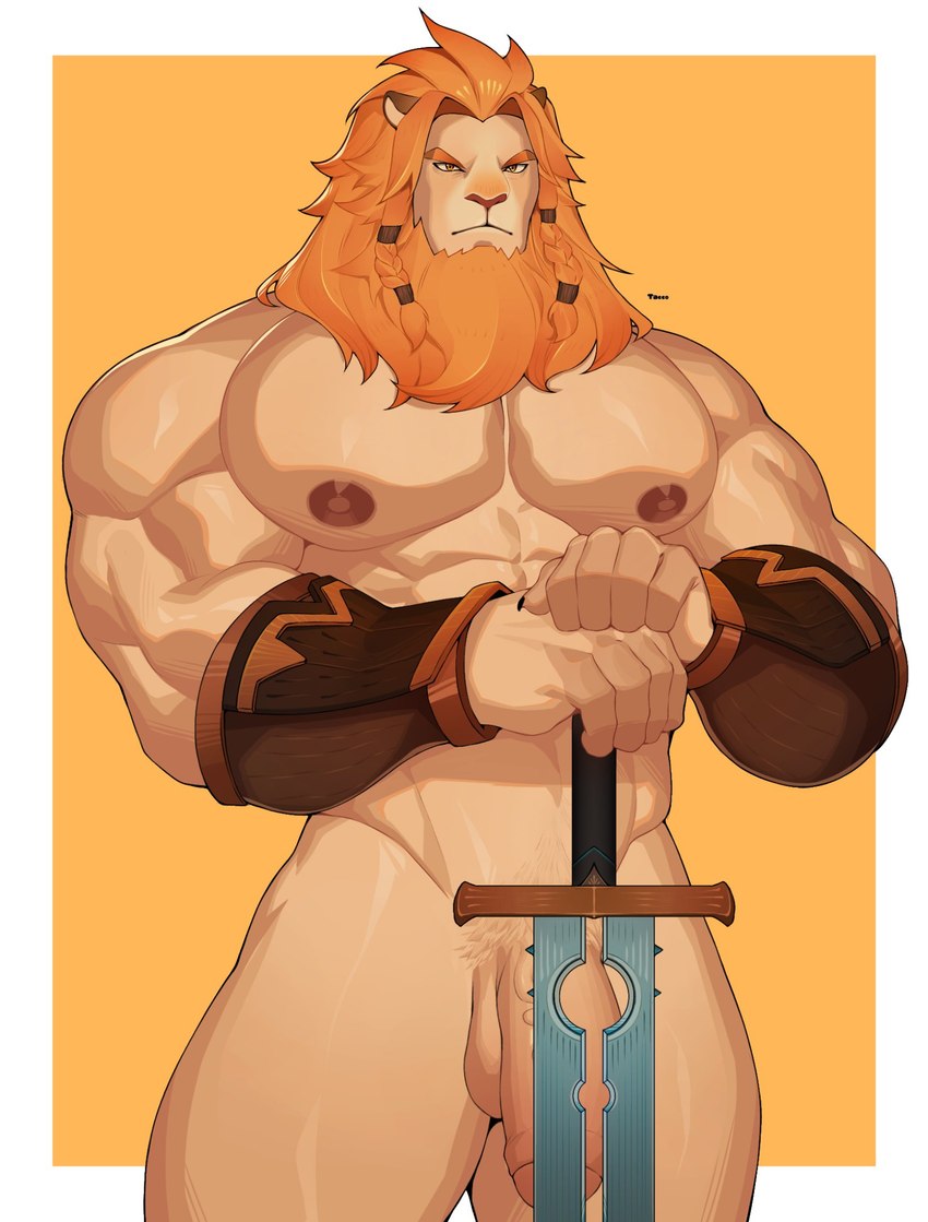 abs anthro areola armor balls braided_hair braided_mane foreskin genitals geometric_background hair holding_melee_weapon holding_object holding_sword holding_weapon humanoid_genitalia humanoid_penis male mane mane_hair melee_weapon mostly_nude muscular muscular_anthro muscular_male nipples orange_mane partially_retracted_foreskin pecs penis simple_background solo sword vambrace weapon el_tacc0 afk_arena afk_journey lilith_games brutus_(afk_arena) felid lion mammal pantherine hi_res