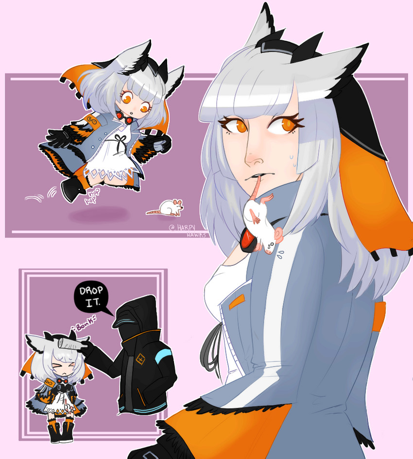 chibi duo female male male/female predator/prey speech_bubble birdbf arknights hypergryph studio_montagne doctor_(arknights) ptilopsis_(arknights) avian bird humanoid owl true_owl white-faced_owl comic