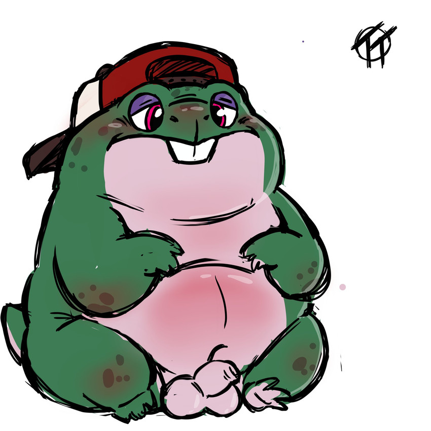 anthro balls belly blush clothing genitals green_body hat headgear headwear male navel overweight overweight_anthro overweight_male penis simple_background sitting solo white_background trashtoonz bucket_(trashtoonz) amphibian frog 1:1 2020 hi_res