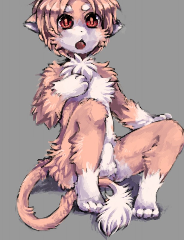 animal_genitalia anthro balls chest_tuft fluffy fully_sheathed fur genitals male open_mouth paws pink_body pink_fur red_eyes sheath simple_background solo tail tuft miri domestic_cat felid feline felis mammal absurd_res hi_res