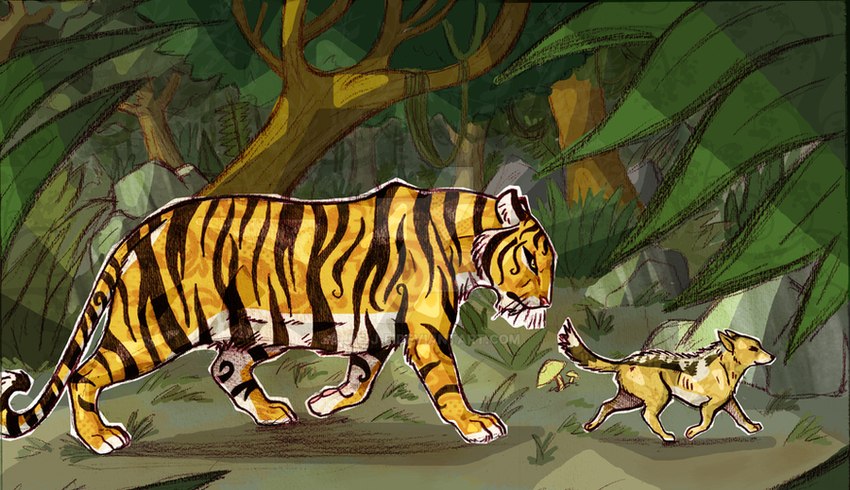 black_body black_fur black_nose black_stripes branch brown_body brown_fur duo feral forest forest_background fungus fur grass jungle leaf long_tail male markings multicolored_body multicolored_fur mushroom nature nature_background nude orange_body orange_fur outside pink_nose plant redesign redesigned rock size_difference striped_body striped_fur striped_markings striped_tail stripes tail tail_markings tree vines walking whiskers white_body white_fur j-e-j-e the_jungle_book shere_khan tabaqui bengal_tiger canid canine canis felid golden_jackal jackal mammal pantherine tiger