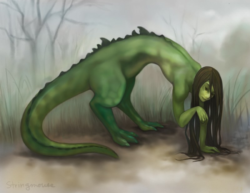 ambiguous_gender fog grass green_body green_scales hair long_hair nude plant scales semi-anthro solo swamp tree stringmouse alligator alligatorid crocodilian reptile scalie