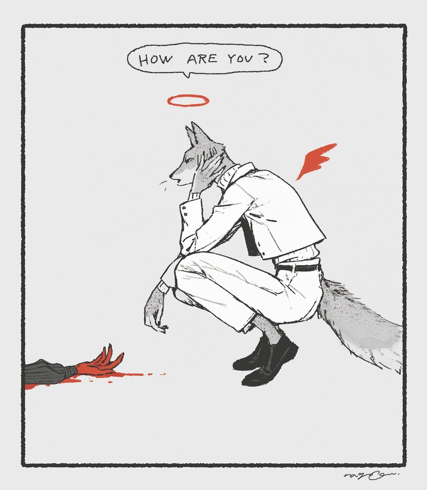 ambiguous_gender anthro blood bodily_fluids clothed clothing duo faceless_character footwear halo male shoes small_wings text wings mucknagabe canid canine canis coyote mammal english_text hi_res