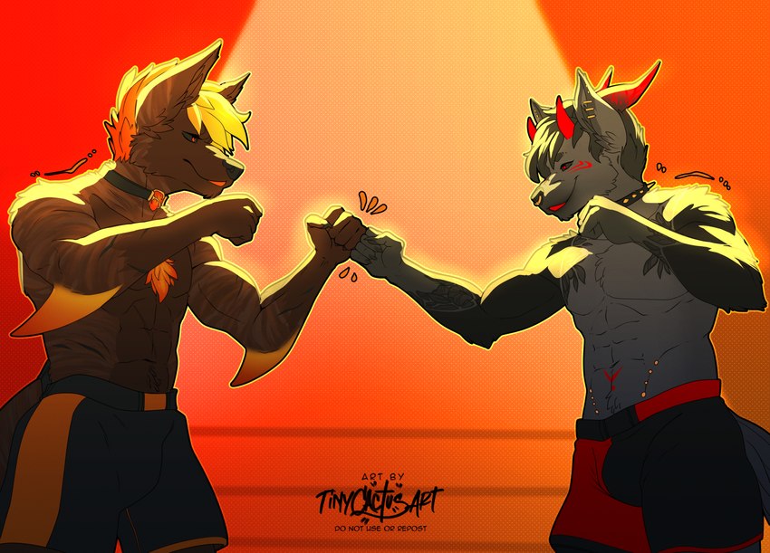 anthro black_sclera boxing_shorts brindle_coat chest_tuft clothed clothing collar dermal_piercing duo ear_piercing elbow_fin fighting_pose fighting_ring fist_bump fur gesture grey_body grey_fur grey_hair hair imminent_fight male male/male orange_eyes orange_hair piercing pose red_eyes topless tuft tinycactus hawke_(blackhawk295) jake_aries canid canine canis demon domestic_dog fish herding_dog hybrid malinois_dog mammal marine pastoral_dog shark sheepdog wolf hi_res