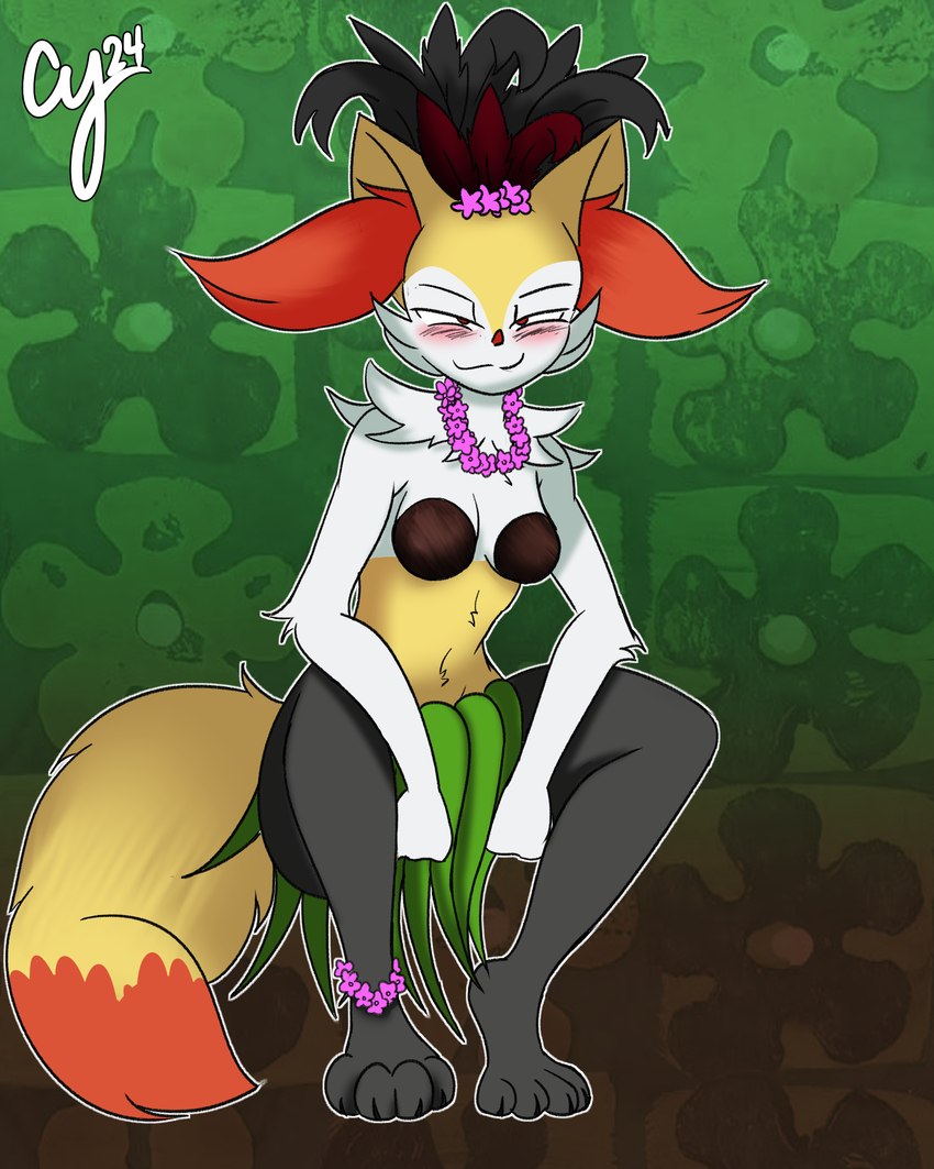 accessory anklet anthro blush breasts coconut_bra crouching female fur grass_skirt jewelry lei medium_breasts multicolored_body orange_body orange_eyes orange_fur simple_background smug smug_face solo two_tone_body white_body white_fur yellow_body yellow_fur cybeeyoru nintendo pokemon braixen generation_6_pokemon pokemon_(species) absurd_res hi_res