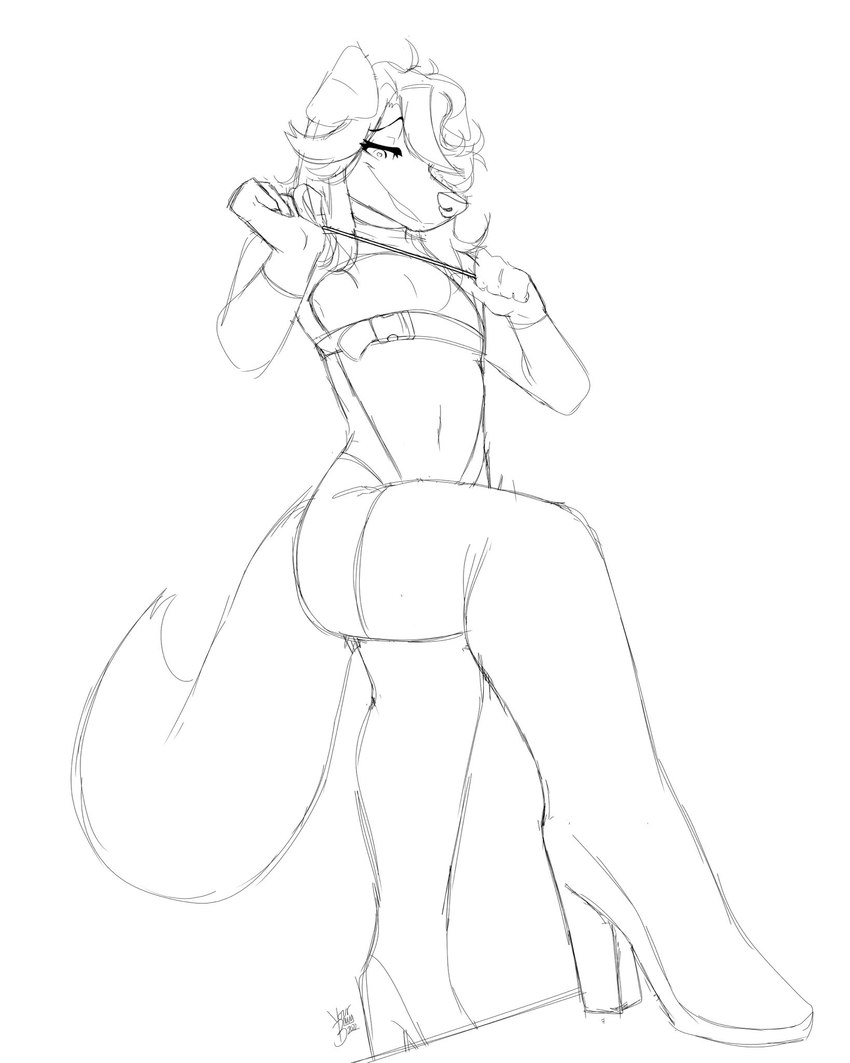 anthro bodysuit clothing femboy floppy_ears footwear hair hair_over_eye high_heels male one_eye_obstructed riding_crop shoes skinsuit smug solo step_pose tight_clothing whip yourbnuuy dusty_(princedusty) canid canine canis domestic_dog mammal black_and_white hi_res monochrome sketch