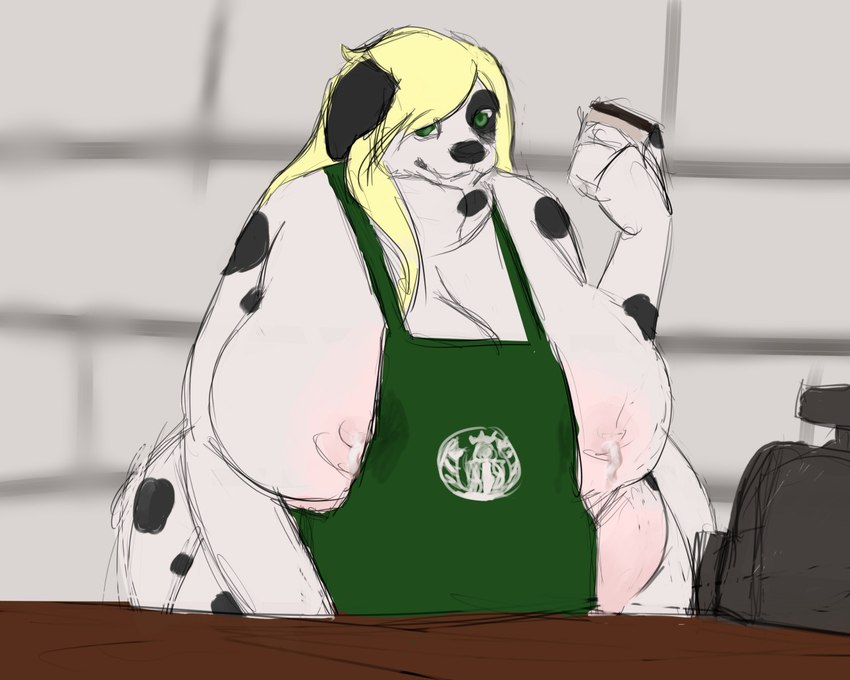 anthro apron apron_only blonde_hair bodily_fluids breasts cashier clothing container cup female green_apron green_clothing hair holding_container holding_cup holding_object lactating mature_female milk mostly_nude obese obese_female overweight overweight_female public solo scorchwind58 i_mean_breast_milk starbucks canid canine canis dalmatian domestic_dog mammal 5:4 meme