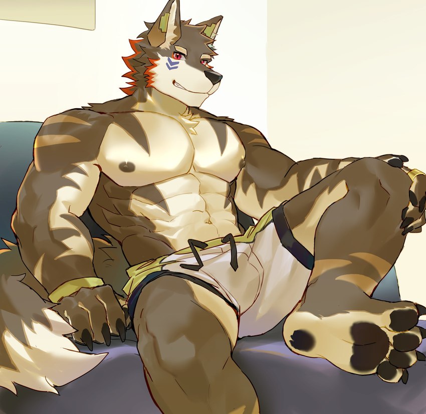 4_toes abs anthro biped claws countershade_face countershade_torso countershading dipstick_tail feet male markings muscular muscular_anthro muscular_male nipples pawpads paws plantigrade solo tail tail_markings toes kitai_su xiangsu_(kitai_su) canid canine canis mammal wolf 2022 absurd_res hi_res