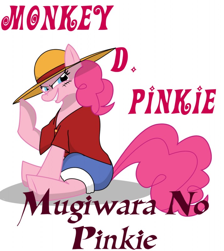 blue_eyes bottomwear clothing female feral fur hair hat headgear headwear pink_body pink_fur pink_hair pirate scar shirt shorts simple_background smile solo tail text topwear white_background kyubicat friendship_is_magic hasbro my_little_pony one_piece monkey_d._luffy pinkie_pie_(mlp) earth_pony equid equine horse mammal pony crossover hi_res warm_colors