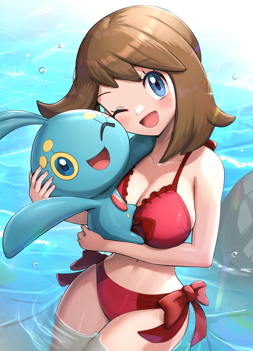 ambiguous_gender big_breasts bikini blue_body blue_eyes breasts brown_hair carrying_another cleavage clothed clothing female hair light_body light_skin looking_at_viewer open_mouth open_smile partially_submerged rock smile solo swimwear two-piece_swimsuit water gonzarez1938 nintendo pokemon may_(pokemon) generation_4_pokemon human legendary_pokemon mammal manaphy pokemon_(species) absurd_res hi_res