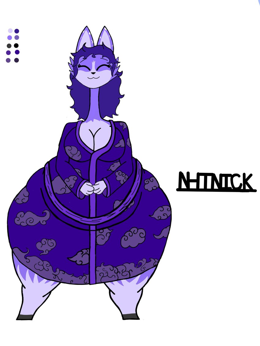 4_fingers :3 anthro asian_clothing belly big_breasts biped black_hooves black_text blue_body blue_clothing blue_countershading blue_fur blue_hair blue_inner_ear blue_kimono blue_robe blue_tuft bottom_heavy breasts cheek_tuft cleavage closed_smile clothed clothed_anthro clothed_female clothing cloud_pattern color_swatch countershade_face countershade_torso countershading ears_up east_asian_clothing eyelashes eyes_closed facial_tuft female fingers fur gloves_(marking) hair hands_together hooves huge_thighs japanese_clothing kimono leg_markings light_body long_neck markings messy_hair mouth_closed multicolored_body obese obese_anthro obese_female overweight overweight_anthro overweight_female paws pear-shaped_figure pointy_ears prick_ears robe simple_background smile socks_(marking) solo spots spotted_body spotted_ears spotted_fur standing text thick_thighs tuft two_tone_body unguligrade white_background white_spots wide_hips wide_stance nhtnick mirabellis_(nhtnick) alien catrobis felid mammal 2022 3:4 artist_name colored digital_drawing_(artwork) digital_media_(artwork) hi_res