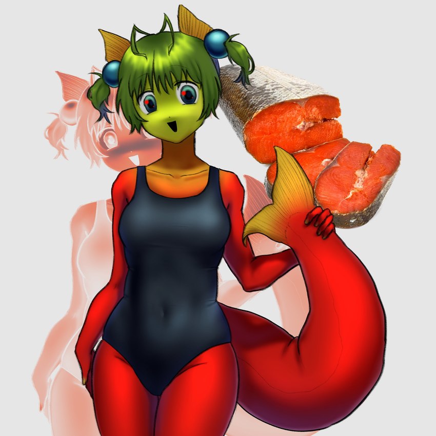 accessory antenna_hair blue_eyes clothing female fin fish_tail green_hair hair hair_accessory head_fin kemono one-piece_swimsuit pigtails real red_body salmon_(food) smile solo swimwear tail tail_fin tight_clothing nnkons salmon_girl_(alunka) animal_humanoid fish fish_humanoid humanoid marine marine_humanoid salmon_humanoid 1:1 absurd_res hi_res portrait three-quarter_portrait