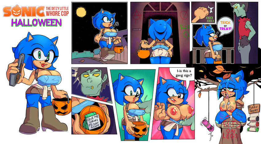 anthro big_breasts bodily_fluids body_writing bound breasts cosplay crossgender cum dialogue female genital_fluids holidays larger_male male mtf_crossgender size_difference smaller_female text writing_on_breasts writing_on_thigh missphase capcom halloween resident_evil sega sonic_the_hedgehog_(series) jill_valentine sonic_the_hedgehog eulipotyphlan hedgehog mammal comic english_text hi_res