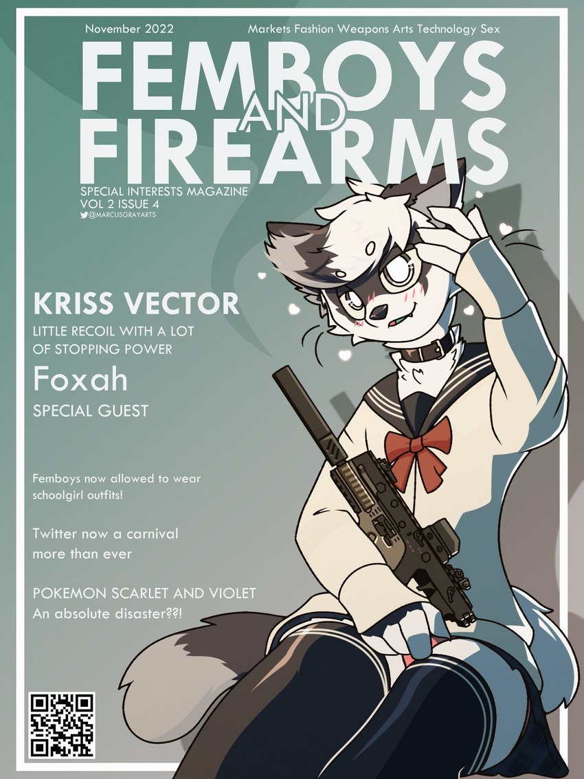 4_fingers anthro bottomwear clothing collar dipstick_tail femboy fingers fur grey_eyes gun holding_gun holding_object holding_ranged_weapon holding_weapon kriss_vector legwear male markings qr_code ranged_weapon red_clothing red_underwear sailor_uniform skirt solo submachine_gun tail tail_markings thigh_highs underwear weapon white_body white_fur marcus_gray foxah canid canine fox mammal 2022 3:4 cover hi_res magazine_cover