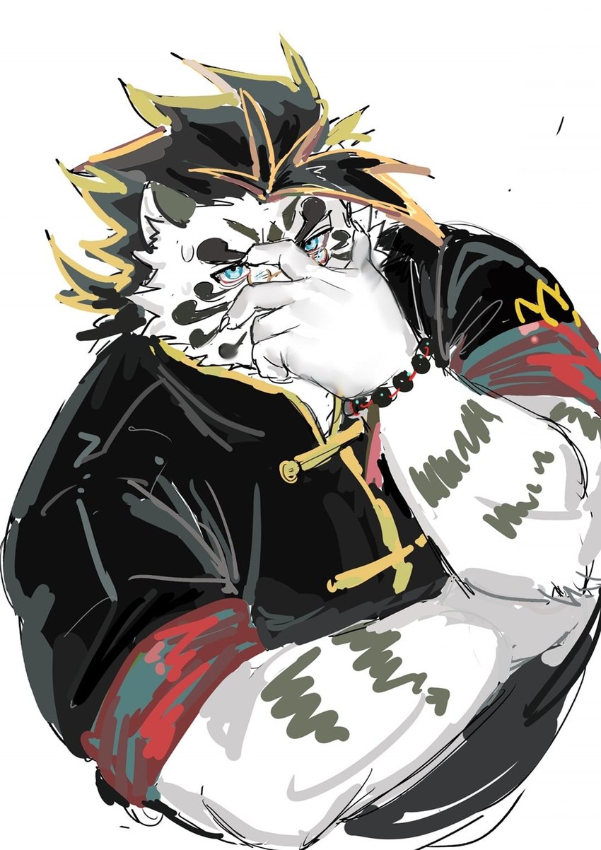 anthro asian_clothing blue_eyes chinese_clothing clothing east_asian_clothing eyewear fur glasses male overweight solo striped_body striped_fur stripes white_body white_fur popcornduck2 lifewonders tokyo_afterschool_summoners licho_(tas) felid mammal pantherine tiger hi_res