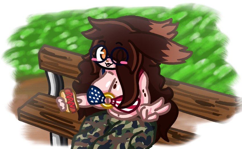 american_flag american_flag_clothing anthro belly bench big_breasts blush bottomwear bra breasts brown_hair camo camo_bottomwear camo_clothing camo_pants camo_print clothing ears_down female food gesture hair hand_gesture holidays hot_dog ketchup markings mole_(marking) pants pattern_bottomwear pattern_clothing pattern_pants pivoted_ears ring solo sonicanth2 tongue tongue_out underwear united_states_of_america v_sign white_body mr_bunguy 4th_of_july melissa_secore lagomorph leporid mammal rabbit 2024