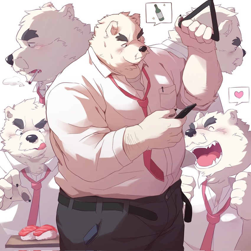 anthro belly black_nose bottomwear clothing facial_hair food kemono male mature_male mustache open_mouth overweight overweight_male pants shirt simple_background smoking solo sushi topwear white_background park_draw bear mammal polar_bear ursine 1:1 2024 hi_res