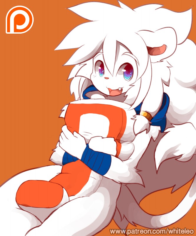 ambiguous_gender anthro biped clothing cute_fangs fangs front_view hair hat headgear headwear hug hugging_object hugging_pillow kemono looking_at_viewer mane mane_hair mostly_nude orange_background patreon_logo pillow simple_background sitting smile solo teeth text website_logo young whiteleo patreon leo_(whiteleo) felid lion mammal pantherine 5:6 absurd_res hi_res url