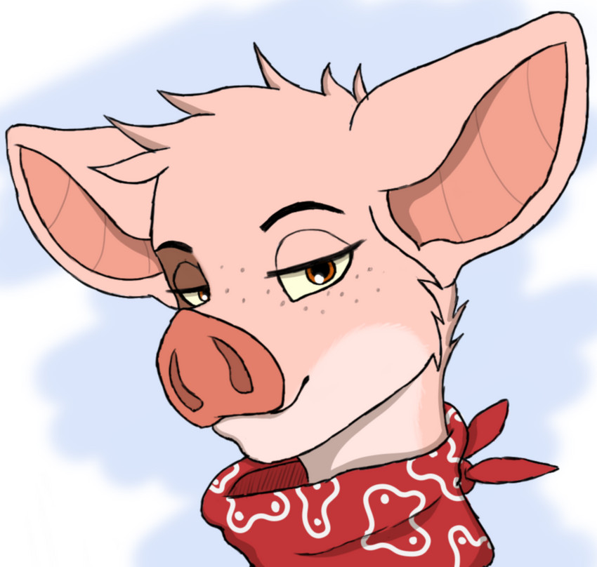 anthro eyebrows freckles fur kerchief male multicolored_body multicolored_fur neckerchief neckwear orange_eyes pink_body pink_fur smile smug_face solo thick_eyebrows yellow_sclera qunteki duncan_(kabscorner) domestic_pig mammal suid suina sus_(pig) headshot_portrait portrait