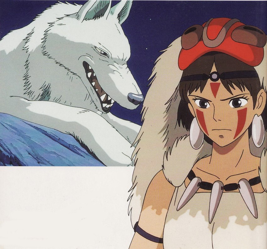 brown_hair duo fangs female feral fur hair mouth_closed teeth white_body white_fur ghibli princess_mononoke san_(princess_mononoke) canid canine canis human mammal wolf hi_res official_art