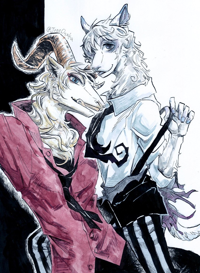 5_fingers anthro clothed clothing duo fingers fur horn humanoid_hands licking licking_lips looking_at_viewer male necktie open_mouth open_smile smile suspenders tongue tongue_out torn_clothing wool_(fur) joze_osaka beastars pina_(beastars) tem_(beastars) alpaca bovid camelid caprine dall_sheep mammal sheep 2021 hi_res signature