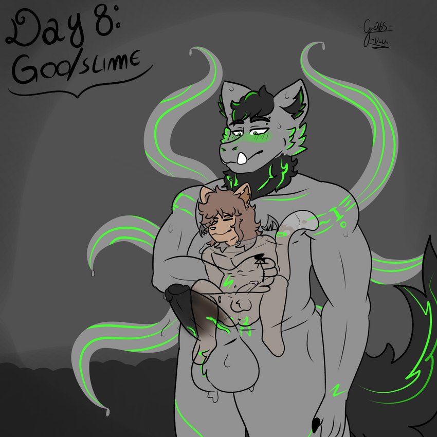 absorption_vore anthro duo male male/male simple_background slime slime_vore smile tail tattoo tentacles translucent vore gabsuwuu mythology gabs domestic_cat dragon felid feline felis goo_creature hybrid mammal mythological_creature mythological_scalie scalie 1:1 hi_res