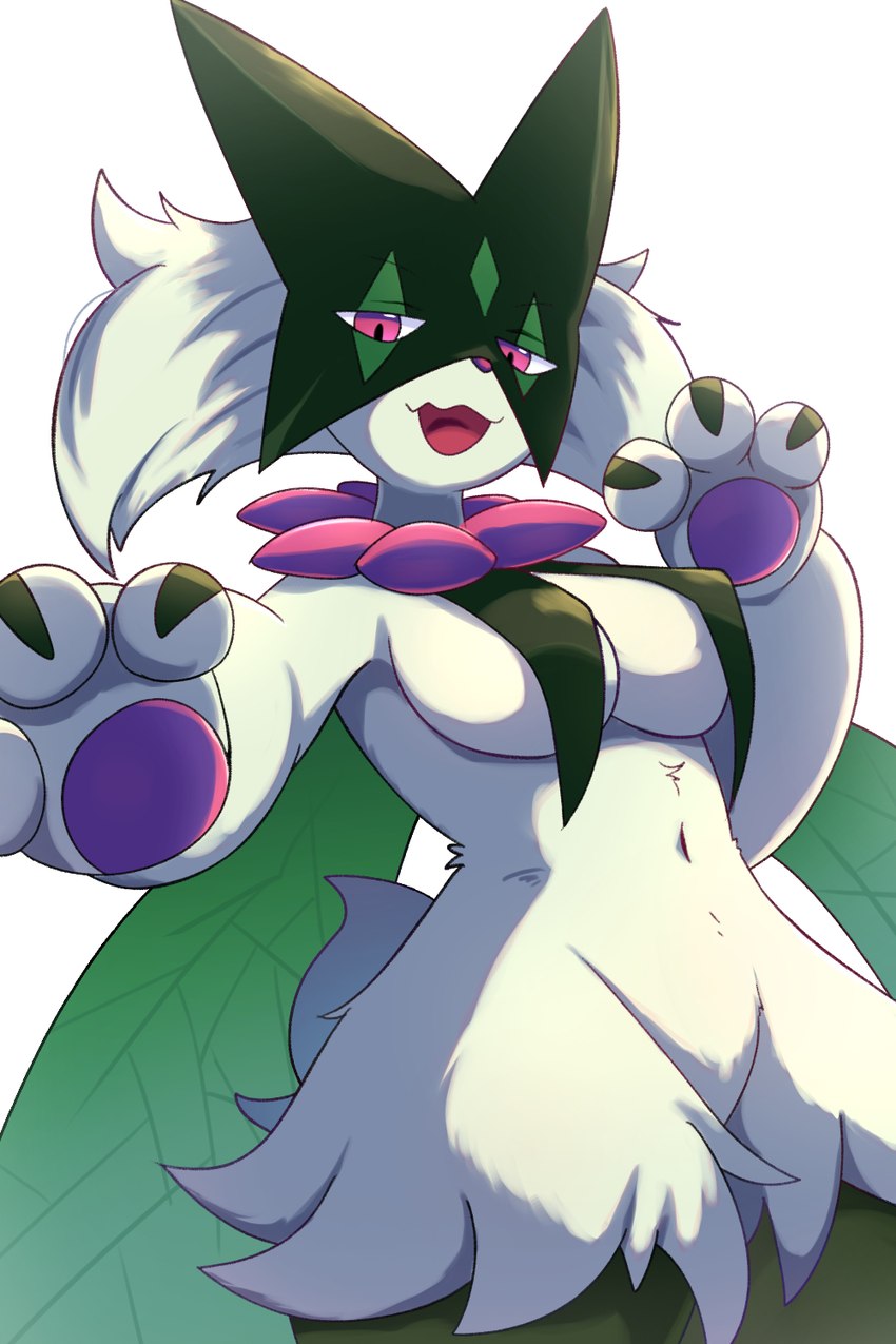 anthro biped breast_curtains breasts female fur green_body green_fur green_tail looking_at_viewer multicolored_body navel nipple_outline open_mouth open_smile pawpads pink_body pink_nose pupils red_eyes short_tail simple_background slit_pupils smile solo tail white_background rumine nintendo pokemon generation_9_pokemon meowscarada pokemon_(species) 2:3 hi_res