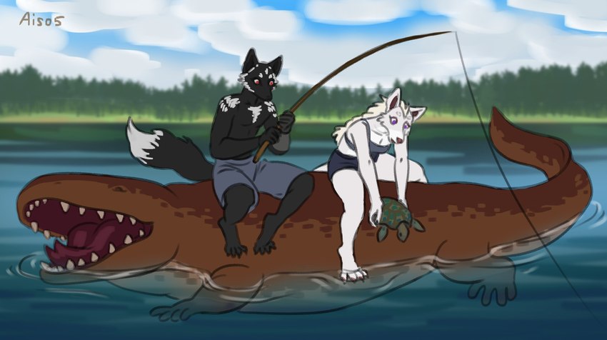 anthro black_body black_fur clothing facial_markings facial_tuft female feral fishing_rod fur group head_markings lake male markings purple_eyes red_eyes swimming_trunks swimwear tuft white_body white_fur ais05 polaris_(mousguy) ylva amphibian canid canine canis fox mammal reptile salamander scalie turtle wolf hi_res