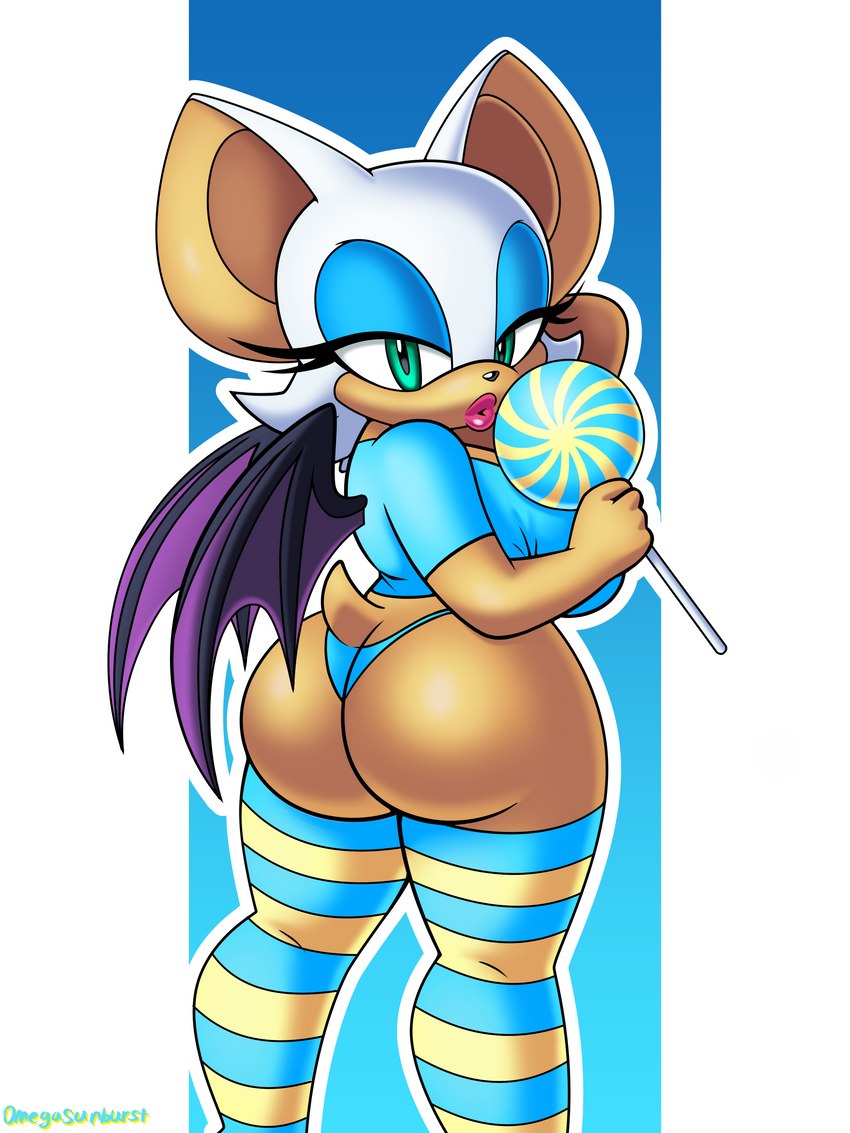 alternate_costume anthro bat_wings big_breasts big_butt biped blue_bottomwear blue_clothing blue_eyeshadow blue_legwear blue_shirt blue_shorts blue_thigh_highs blue_topwear bottomwear breasts butt candy clothing dessert eyeshadow female food footwear fur gradient_background holding_candy holding_food holding_lollipop holding_object legwear lipstick lollipop looking_at_viewer looking_back makeup membrane_(anatomy) membranous_wings multicolored_clothing multicolored_legwear multicolored_thigh_highs outline pattern_clothing pattern_footwear pattern_legwear pattern_socks pattern_thigh_highs pattern_thigh_socks pink_lipstick purple_wings shirt short_tail shorts simple_background socks solo standing striped_clothing striped_footwear striped_legwear striped_socks striped_thigh_highs striped_thigh_socks stripes tail tan_body tan_skin tan_tail teal_eyes thigh_highs thigh_socks thong topwear two_tone_clothing two_tone_legwear two_tone_thigh_highs underwear white_bars white_body white_fur white_outline wide_hips wings yellow_clothing yellow_legwear yellow_thigh_highs omegasunburst sega sonic_the_hedgehog_(series) rouge_the_bat bat mammal 2020 3:4 absurd_res digital_media_(artwork) hi_res