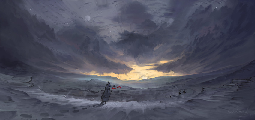 anthro clothing cloud crook day detailed_background footsteps horn ice landscape male moon outside robe sky snow solo staff standing star sun sunset walking_stick themefinland mythology phyn dragon mythological_creature mythological_scalie scalie wingless_dragon 2020 digital_media_(artwork) hi_res