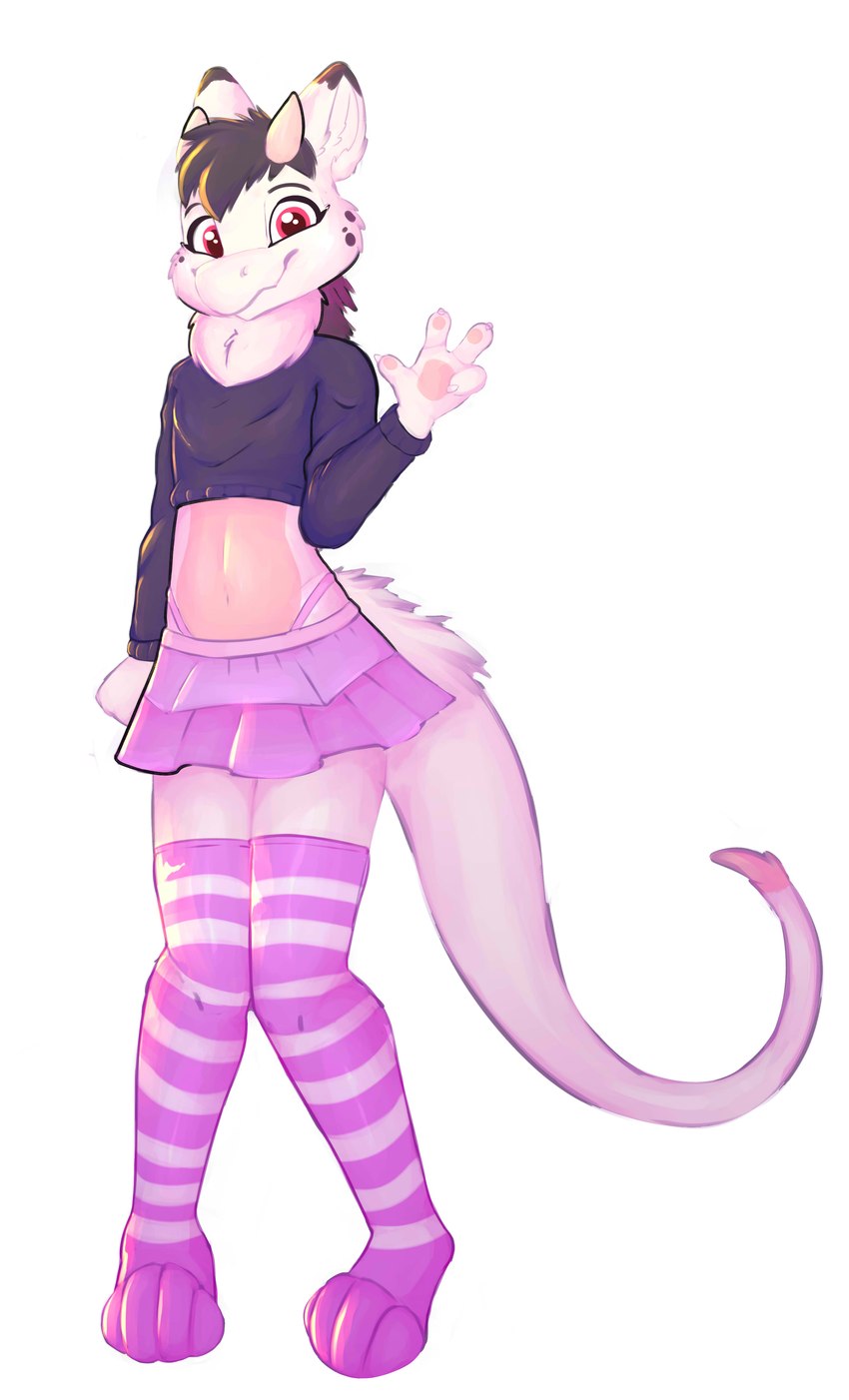 ambiguous_gender anthro bottomwear clothing femboy fur hair horn legwear pink_body pink_fur red_eyes skirt slim solo tail white_body white_fur uvfox mythology sae_(oc) dragon furred_dragon furred_scalie mythological_creature mythological_scalie scalie absurd_res hi_res