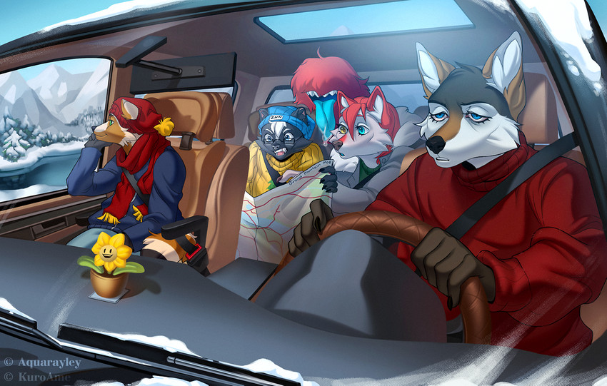 annoyed anthro argument car daydream driving family female flower group heterochromia inside_car inside_vehicle lost male map moon_roof mountain plant reading_map road_trip snow tail tail_mouth tired tired_eyes tongue tongue_out unusual_anatomy unusual_tail vacation vehicle kuroame rayley electronic_arts legend_of_ahya popcap_games undertale undertale_(series) ahya_(legend_of_ahya) fan_character flowey_the_flower max_thrash murana_wolford_(darkflame-wolf) steven_stinkman taylor_renee_wolford_(darkflamewolf) canid canine canis elemental_creature flora_fauna flower_creature mammal mephitid procyonid raccoon skunk wolf daughter_(lore) mother_(lore) mother_and_child_(lore) mother_and_daughter_(lore) mother_and_son_(lore) parent_(lore) parent_and_child_(lore) parent_and_daughter_(lore) parent_and_son_(lore) sibling_(lore) son_(lore)