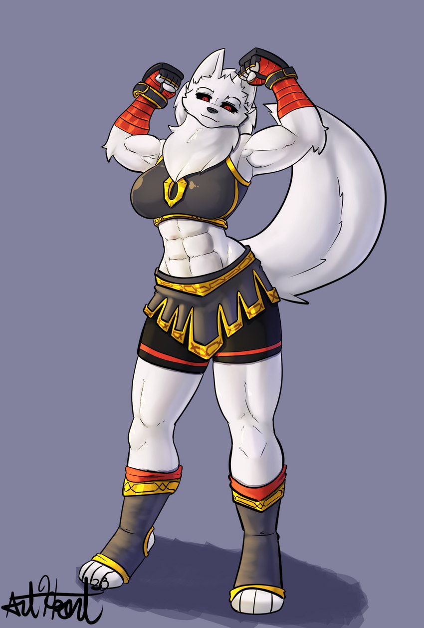 abs anthro biceps breasts cleavage clothed clothing cosplay female flexing muscular muscular_anthro muscular_female simple_background solo standing bear213 capcom street_fighter street_fighter_6 marisa_(street_fighter) prydr canid canine dire_wolf mammal prehistoric_species 2023 full-length_portrait hi_res portrait signature