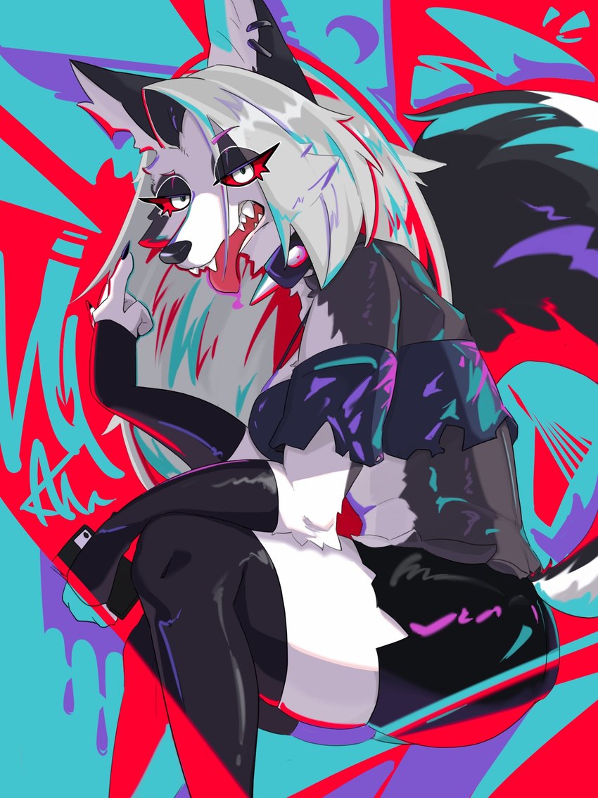 abstract_background anthro armwear black_clothing black_legwear black_thigh_highs bleh boob_tube bottomwear cellphone clothed clothing collar ear_piercing ear_ring ears_up elbow_gloves electronics eye_through_hair eyebrows eyelashes eyeliner fangs fangs_bared female fingerless_gloves fingernails flipping_viewer_off fluffy fur gesture gloves grey_body grey_fur hair hand_gesture handwear legwear looking_at_viewer makeup middle_finger nails notched_ear phone piercing red_sclera ring_piercing rude shorts smartphone solo spiked_collar spikes taunting teeth thick_thighs thigh_highs tongue tongue_out translucent translucent_hair white_body white_eyes white_fur white_hair laverne_3r helluva_boss mythology loona_(helluva_boss) canid canid_demon canine demon hellhound mammal mythological_canine mythological_creature hi_res