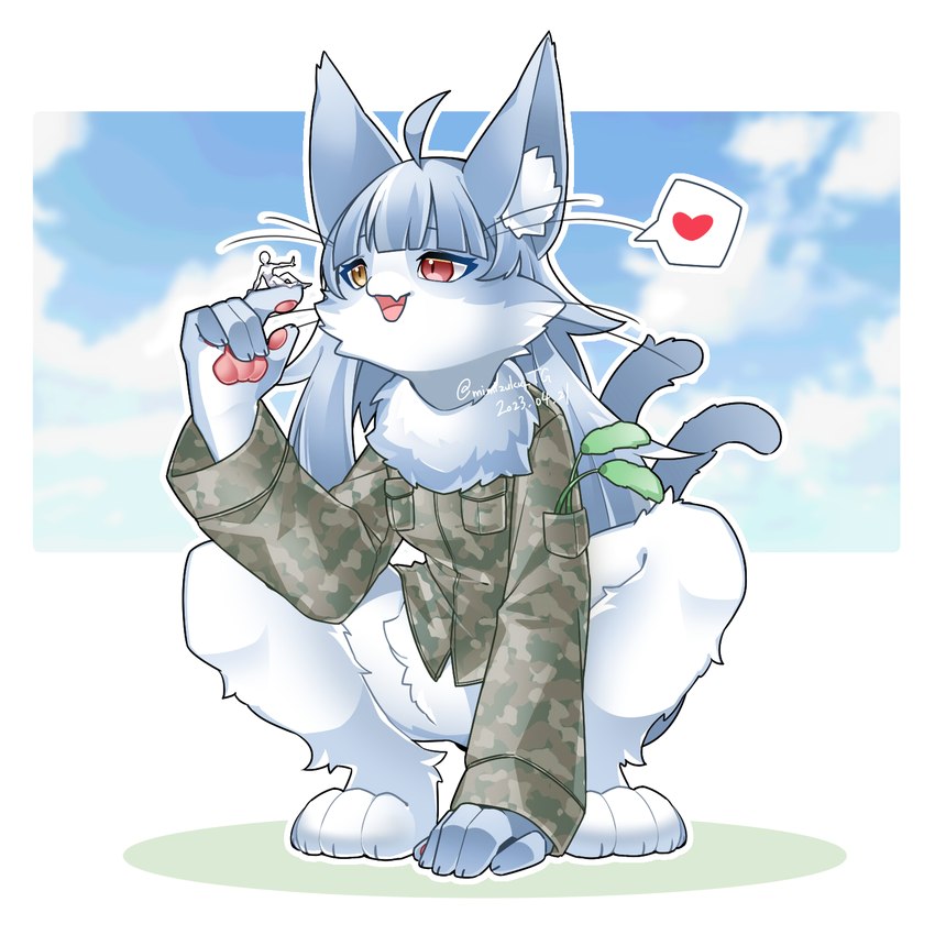 4_toes 5_fingers ahoge ambiguous_gender anthro anthro_focus biped blue_body blue_ears blue_fur blue_hair blue_inner_ear bottomless bottomless_anthro bottomless_male camo camo_clothing camo_jacket camo_print camo_topwear carrying_another cheek_tuft claws clothed clothing cloud crouching day digitigrade duo extreme_size_difference eyelashes facial_tuft featureless_crotch feet finger_claws fingerpads fingers fluffy forked_tail front_view fur gentle_giant glistening glistening_eyes hair heart_symbol heterochromia holding_character human_on_anthro humanoid_hands inner_ear_fluff interspecies kemono larger_anthro larger_male long_hair looking_at_another macro macro_focus male male/ambiguous male_anthro male_on_human monotone_hair neck_tuft on_finger open_mouth open_smile outside pattern_clothing pattern_topwear pawpads pink_eyes pink_pawpads pink_tongue pockets pupils shirt_pocket short_snout sitting size_difference sky slit_pupils smaller_ambiguous smaller_human smile snout solo_focus speech_bubble tail toe_claws toes tongue topwear tuft unusual_anatomy unusual_tail whiskers white_body white_fur white_inner_ear_fluff yellow_eyes mimizuku japan_air_self-defense_force anon omaneko_(jasdf) domestic_cat felid feline felis human mammal 1:1 2023 colored digital_media_(artwork) full-length_portrait hi_res pictographics portrait shaded male_(lore)